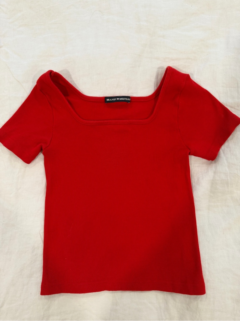 Brandy Melville Red Ribbed Square-Neck Short Sleeve Top